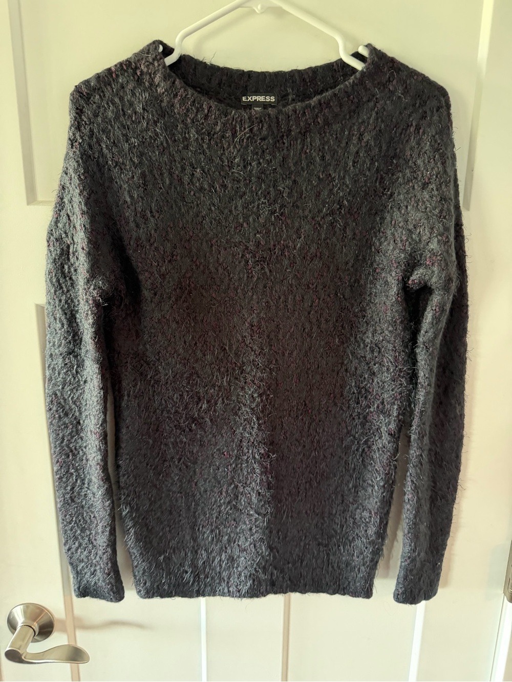 Express Women's Black/Deep Purple Fuzzy Crewneck Sweater